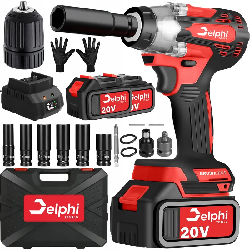 Delphi Tools 20V Cordless Brushless Impact Wrench – 1/2″ Drive, Dual Batteries Included
