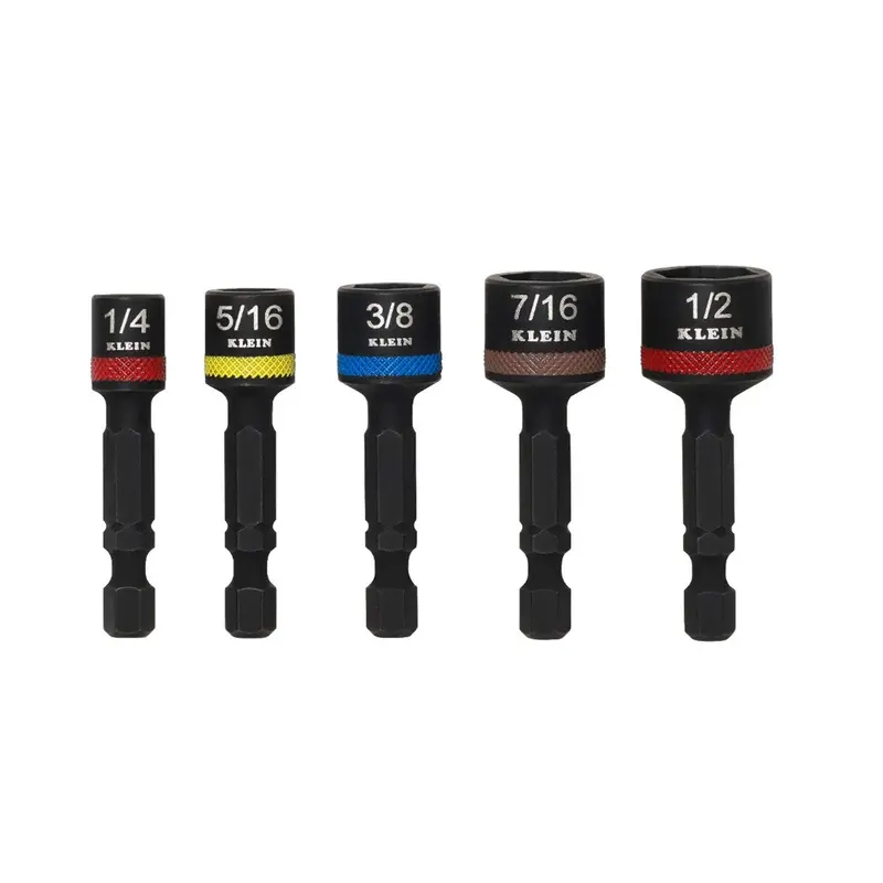 Klein 32925S Impact-Rated Magnetic Nut Setters – 2″ Shaft, SAE Hex, 5-Piece Set