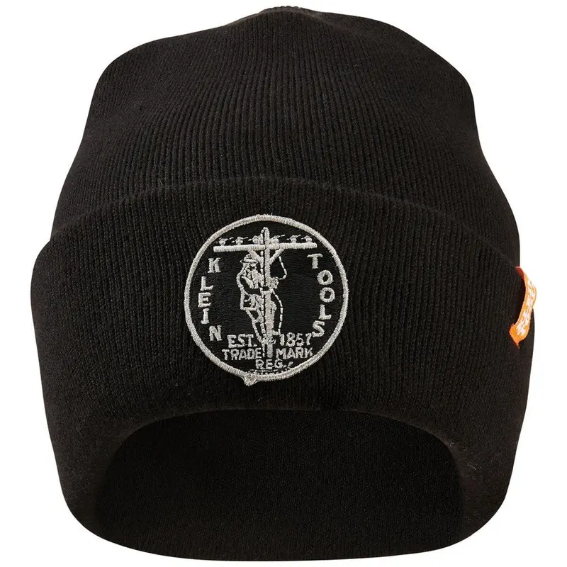 Klein Heavy-Knit Black Beanie with Vintage Patch Logo – One Size