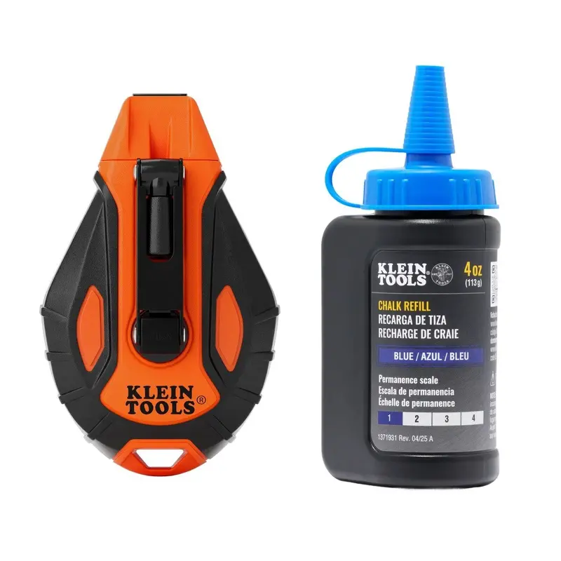 Klein Tools CHLK100S Smooth-Feed Retractable Chalk Reel – 100-Foot Capacity with Blue Chalk Refill (4 oz)